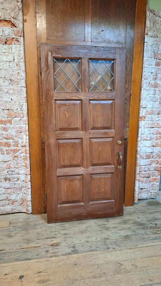 39" Vintage Wood Door with Leaded Glass, Exterior or Entry Door, Cottage Style Antique Door Salvaged Wood Door, Architecture Salvage