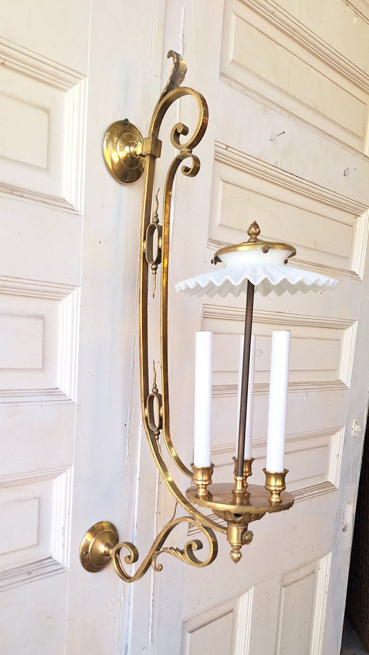 Large Bronze Sconce with Candle Sockets and Milk Glass Shade, Antique Large Wall Sconce, Architecture Salvage 031101