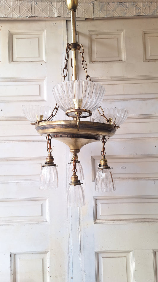 Seven Light Antique Brass Pan Light, Brass Gas and Electric Chandelier, Antique Brass Light, Victorian Light, Art Nouveau Lighting Fixture