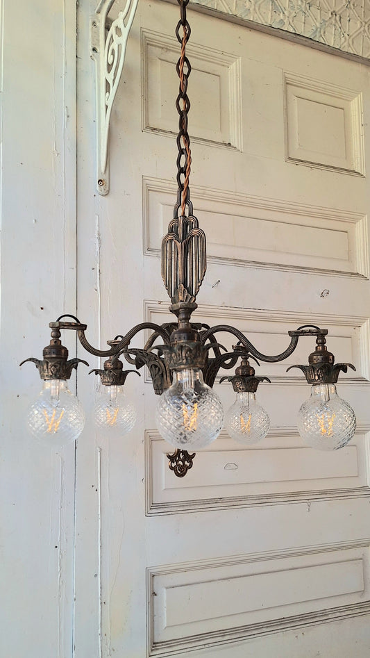Five Arm Antique Bronze Light, Antique Bronze Chandelier,  Art Deco or Art Nouveau Style Light, Salavged Chandelier 031701