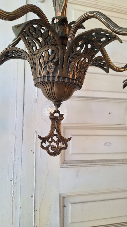 Five Arm Antique Bronze Light, Antique Bronze Chandelier,  Art Deco or Art Nouveau Style Light, Salavged Chandelier 031701