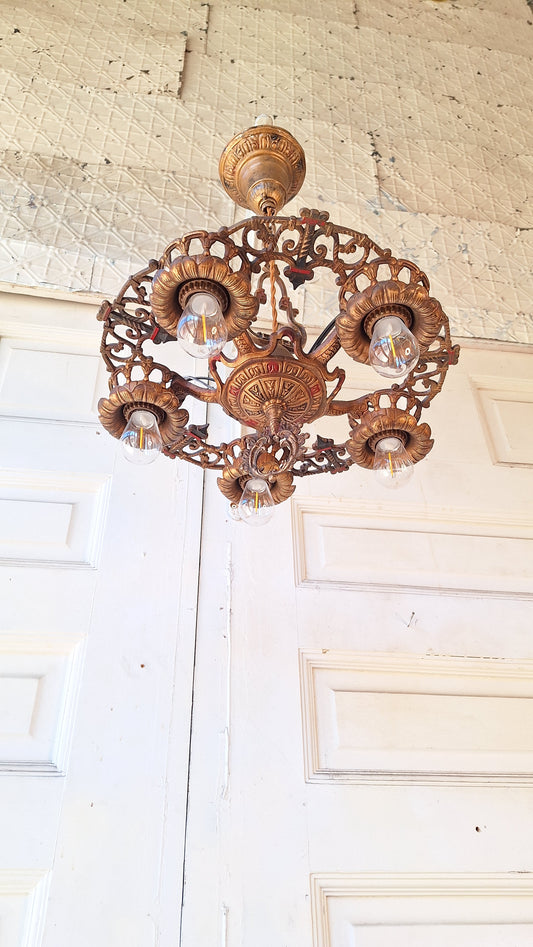 Art Deco Chandelier, Five Bulb Light, Antique Riddle Light, Antique Chandelier 031702