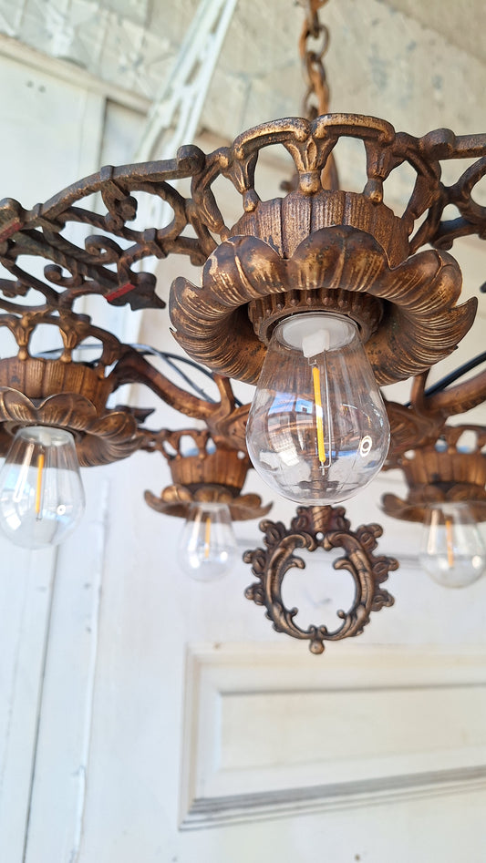 Art Deco Chandelier, Five Bulb Light, Antique Riddle Light, Antique Chandelier 031702