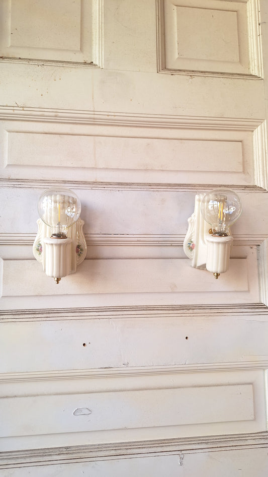 Pair of Vintage Porcelain Bathroom Sconces, Ceramic Bathroom Vanity Lights 031801