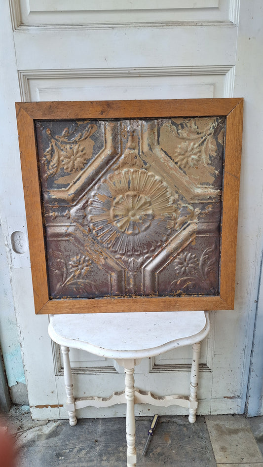 Framed Antique Tin Ceiling Tile with Flower Design, Wall Hanging Antique Stamped Tin in Frame 032507