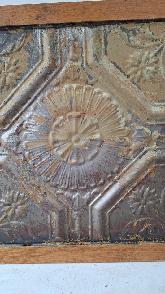 Framed Antique Tin Ceiling Tile with Flower Design, Wall Hanging Antique Stamped Tin in Frame 032507