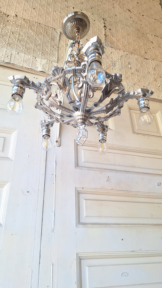 Vintage Silver Metal Antique Chandelier, Art Deco Metal Design, Silver Tone Chandelier, Architecture Salvage 032511