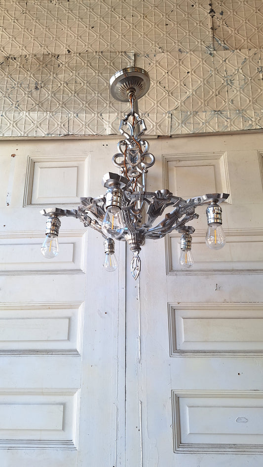Vintage Silver Metal Antique Chandelier, Art Deco Metal Design, Silver Tone Chandelier, Architecture Salvage 032511