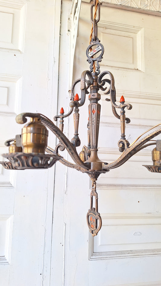 Moe Bridges Vintage 1930s Bronze and Polychrome Chandelier, Antique Solid Bronze Chandelier with Painted Accents, Salvaged Ornate Chandelier