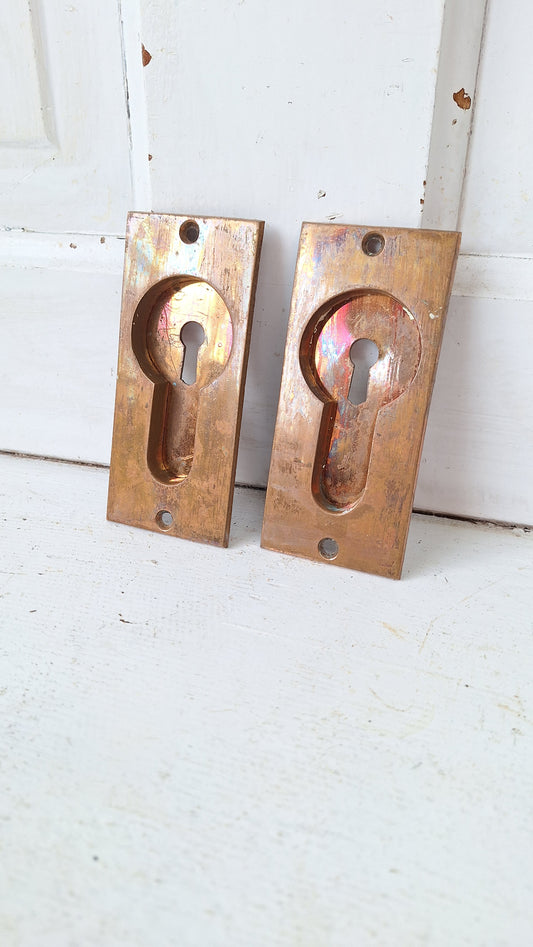 Pair of Plain Antique Brass Pocket Pulls or Rolling Door Handles, Recessed Antique Pocket Door Pull Hardware 040206