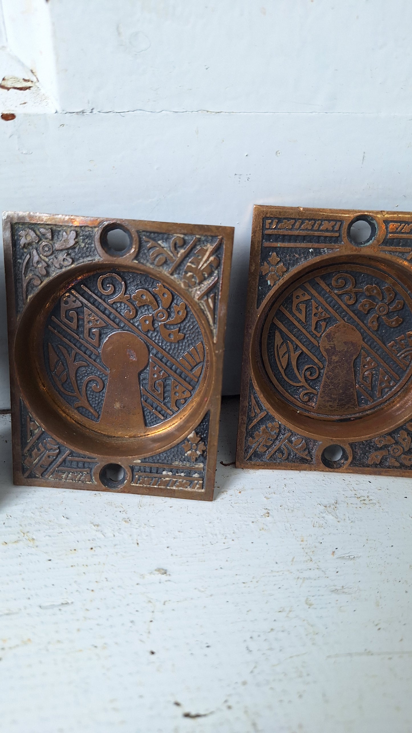 Eastlake Bronze Double Pocket Door Pull Set, Copper and Bronze Recessed Sliding Door Handles, Victorian Hardware 040210