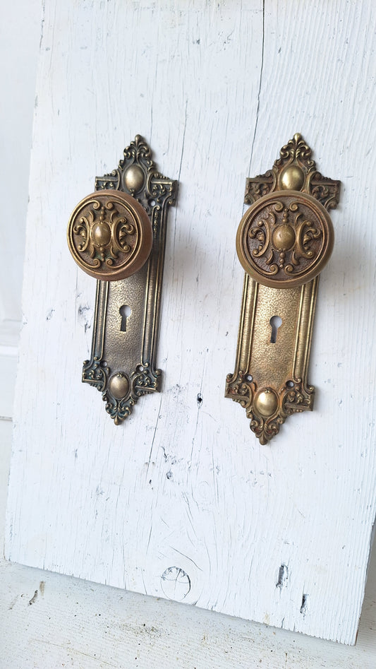 Bronze Reole Hardware Set, Reole Pattern Doorknobs and Backplates, Antique Bronze Door Hardware, Antique Salvage 040308