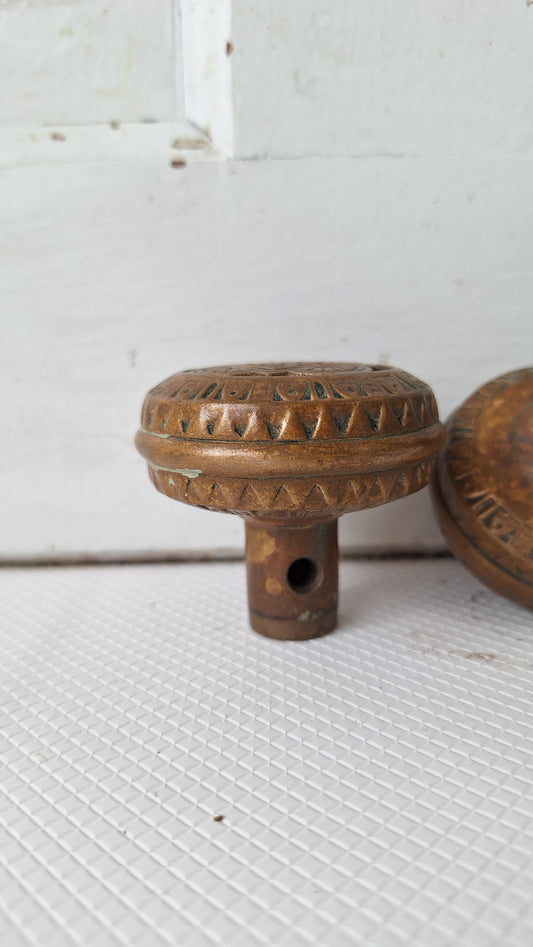 Two Bronze Eastlake Doorknobs with Geometric Pattern, Antique Hardware 040513