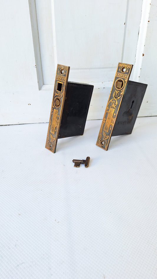 Ornate Double Pocket Door Hardware Set with Key, Eastlake Pocket Door Mortise Locks, Pocket Door Pulls, Sliding Door Locks 040706