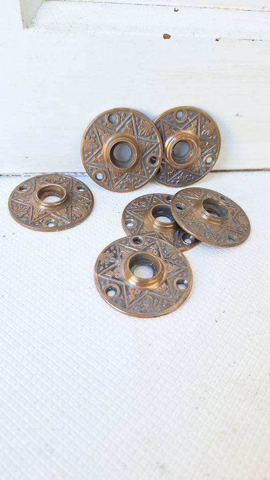 Pair of Eastlake Star Rosettes, Brass Door Plates, Brass Escutcheons, Round Door Plates, Flower Escutcheons, Floral Brass Plates 011806