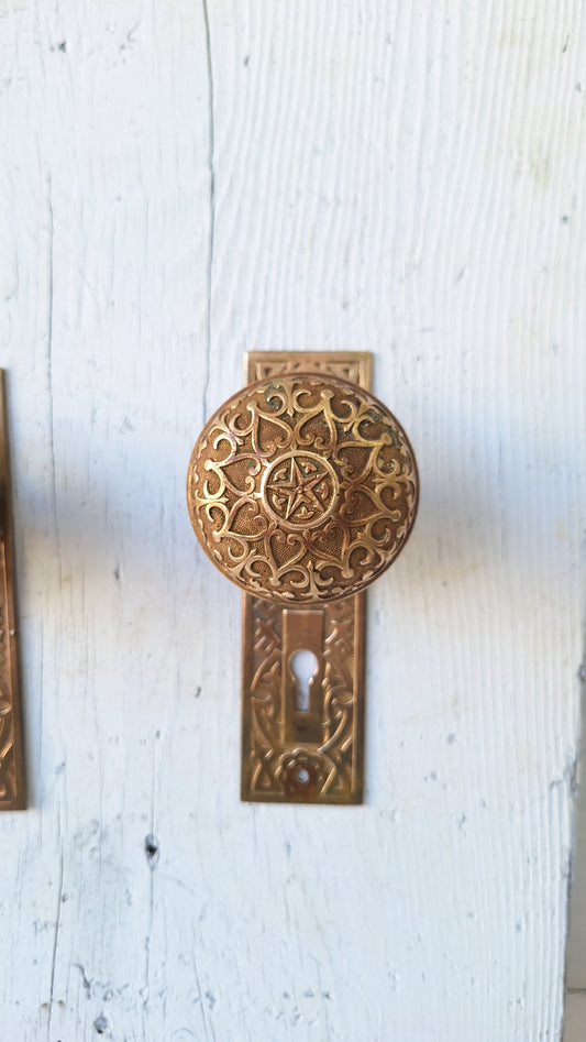 Ornate Solid Bronze Door Hardware Set, Bronze Doorknob Plate Set, Antique Flower Knobs, Ornate Antique Door Hardware Set 040803