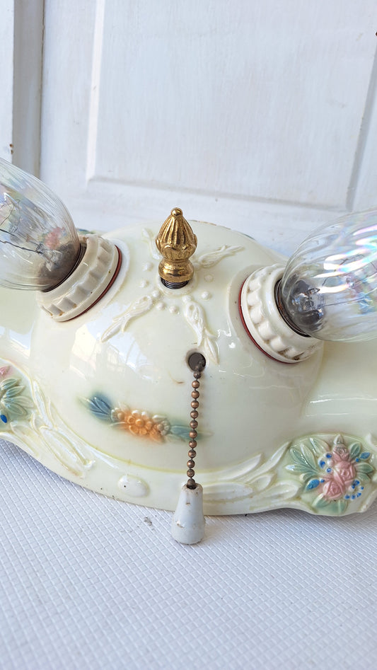 Two Bulb Flower Design Porcelier Light, Art Deco Light Fixture, White and Pink Light, Little Girl's Porcelain Light 040808