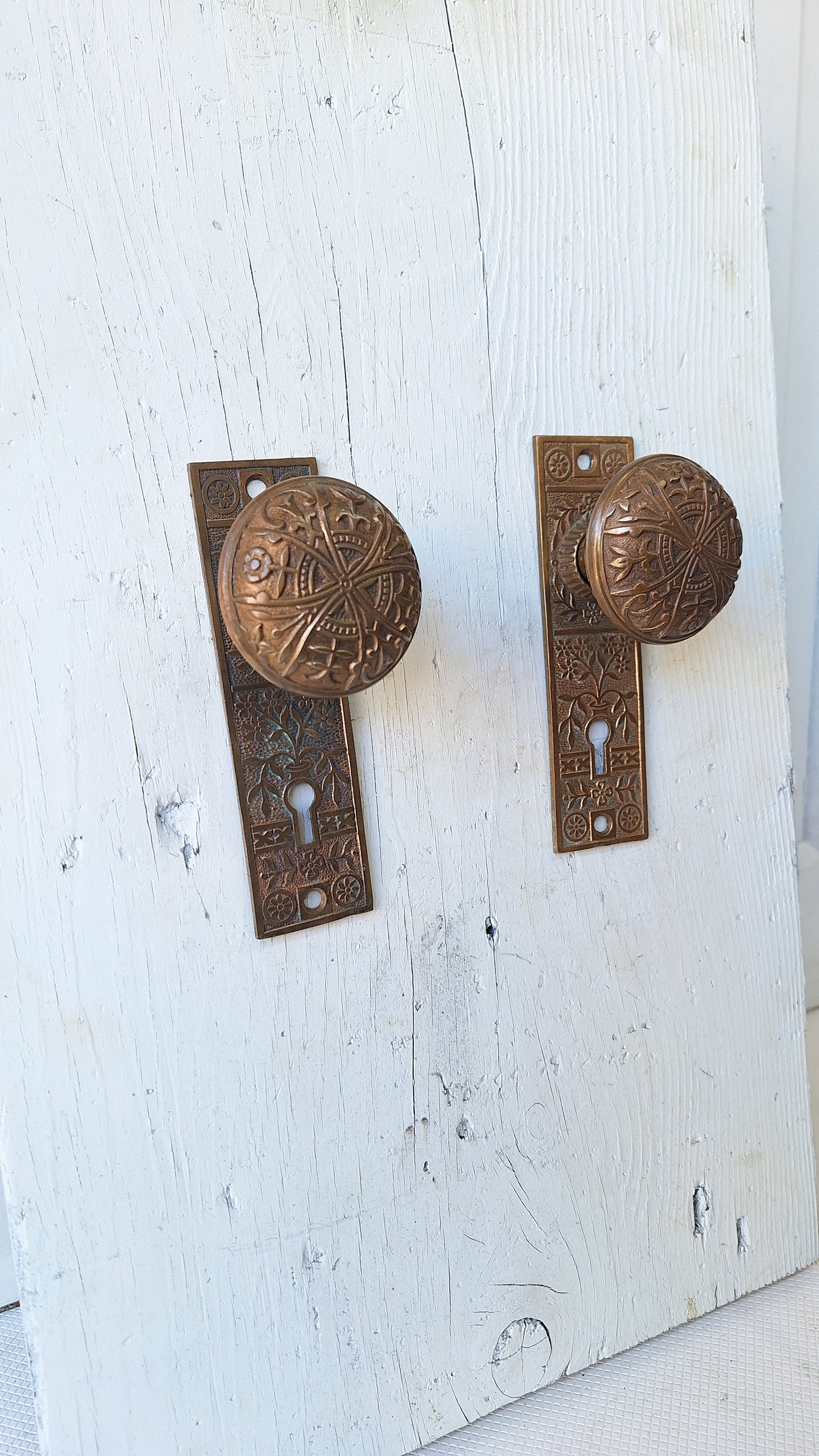Lockwood Bronze Doorknobs and Backplates Eastlake Design, Complete Set Victorian Hardware 040809