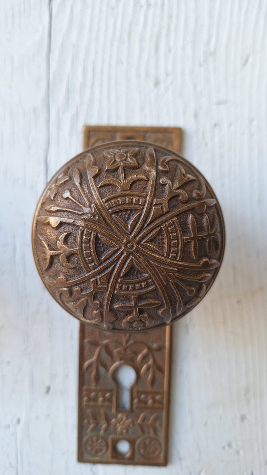 Lockwood Bronze Doorknobs and Backplates Eastlake Design, Complete Set Victorian Hardware 040809