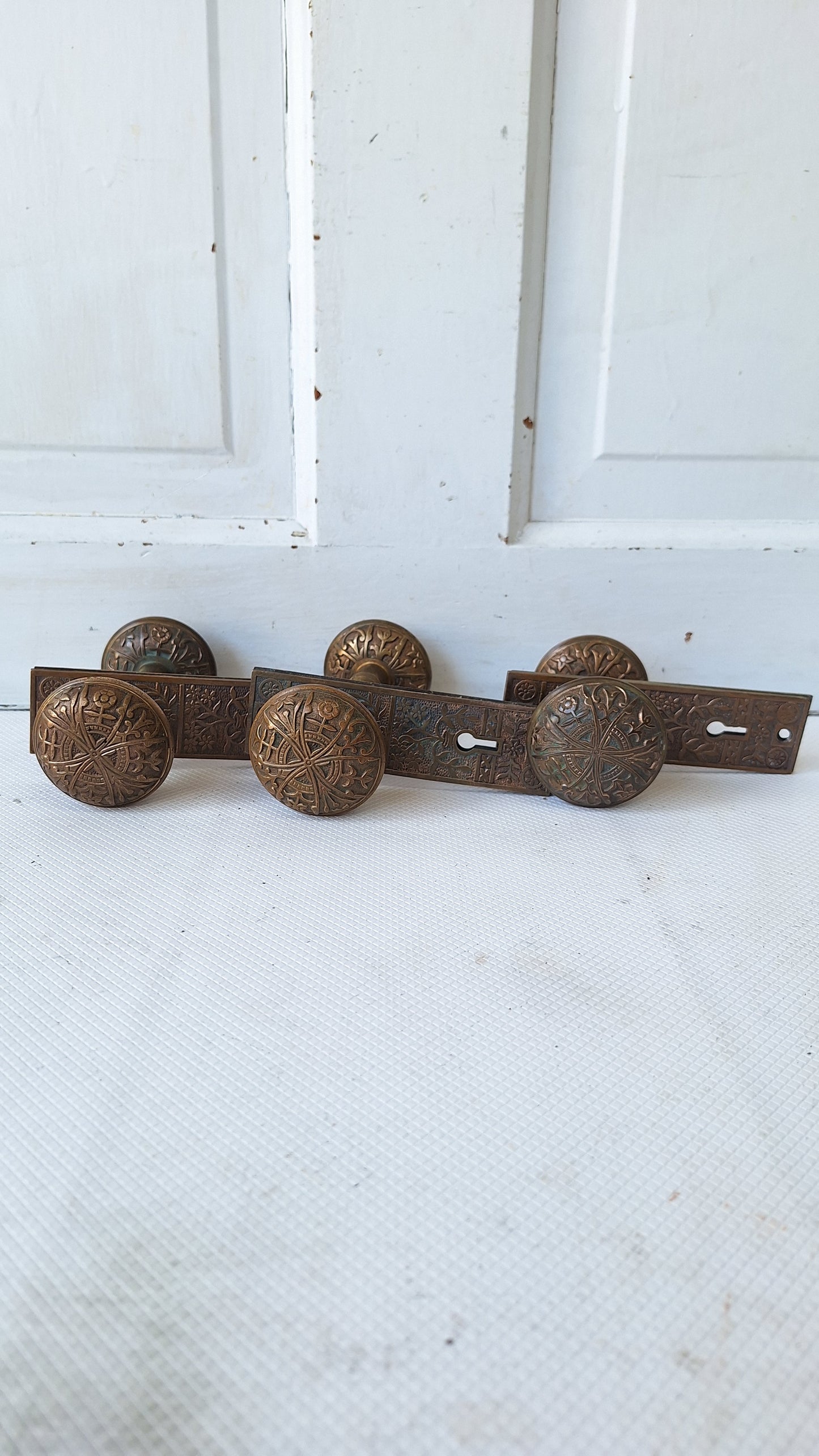 Lockwood Bronze Doorknobs and Backplates Eastlake Design, Complete Set Victorian Hardware 040809