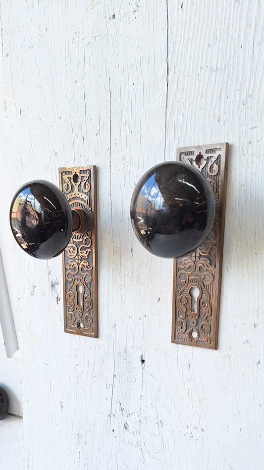Black Porcelain Knob & Bronze Plate, Ceramic Doorknobs and Backplates Eastlake Design, Complete Victorian Door Hardware Set 041502