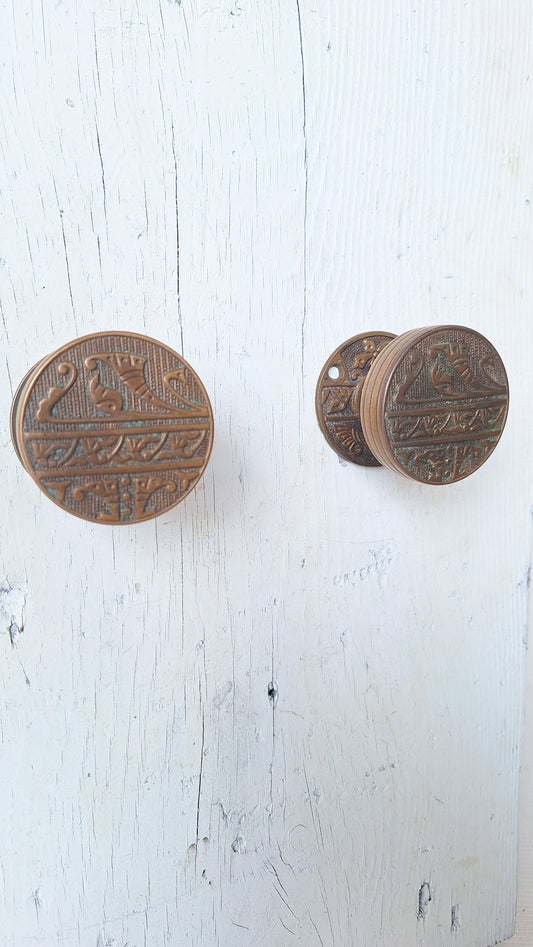 Pair Asymmetrical Flower Bronze Antique Doorknobs with Rosettes, Antique Flower Door Knob with Bronze Band, Architecture Salvage 041710