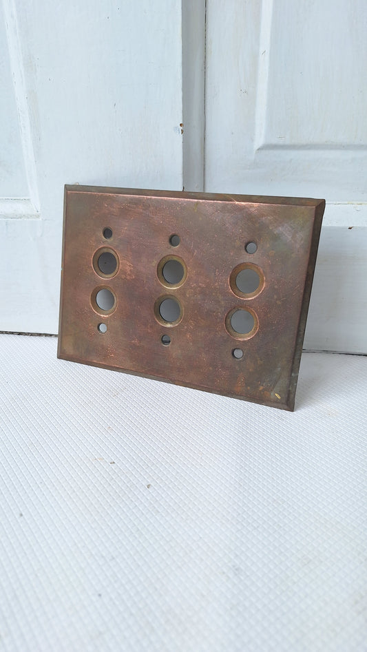 Triple Push Button Switch Plate, Brass Light Switchplate, Vintage Switch Plate, Antique Light Plate Cover 041713