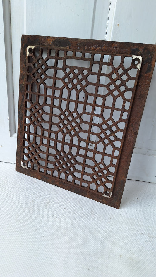 14 x 12 Antique Iron Lattice Pattern Vent Cover, Cast Iron Floor Vent, Ornate Iron Grate Heat Vent Cover Antique Floor Grate #041903