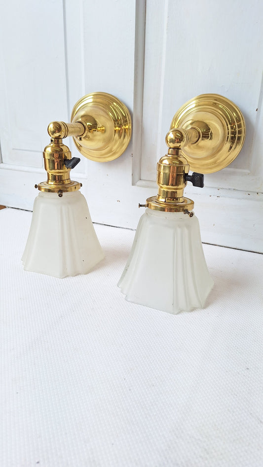 Antique Brass Sconces with Angular Square Glass Shades, Vintage Wall Sconce Lights with Frosted Glass Globes, Architecture Salvage 041905