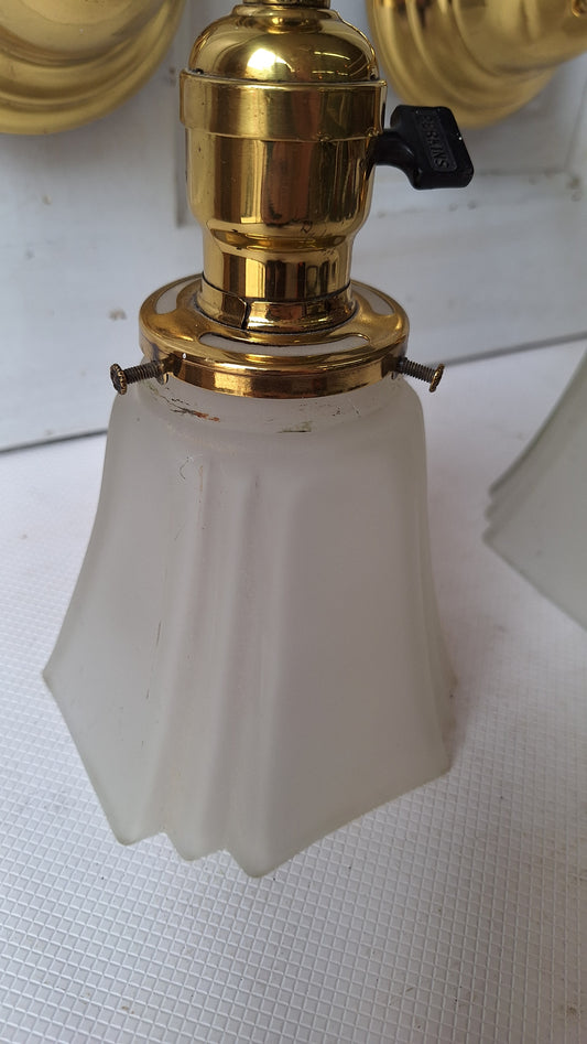 Antique Brass Sconces with Angular Square Glass Shades, Vintage Wall Sconce Lights with Frosted Glass Globes, Architecture Salvage 041905