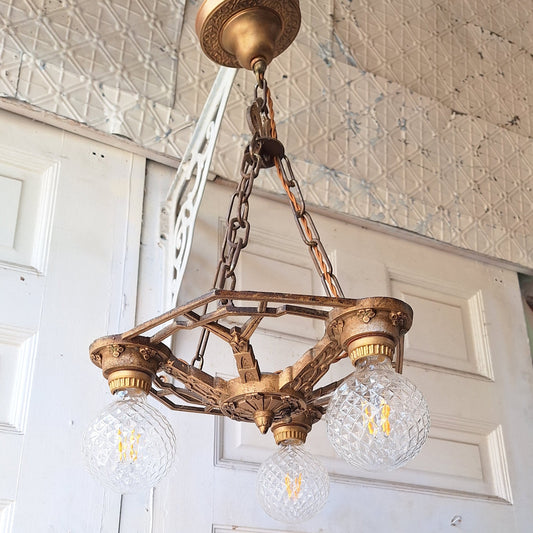 Art Deco Gold Chandelier, Three Bulb Antique Art Deco Light, Polychrome Light 042201