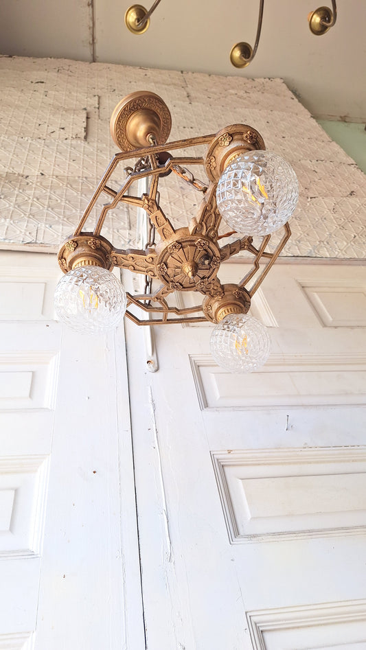Art Deco Gold Chandelier, Three Bulb Antique Art Deco Light, Polychrome Light 042201