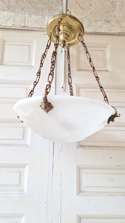 Molded Glass Victorian Bowl Chandelier, Four Chain Frosted Glass Hanging Light with Bronze Metal