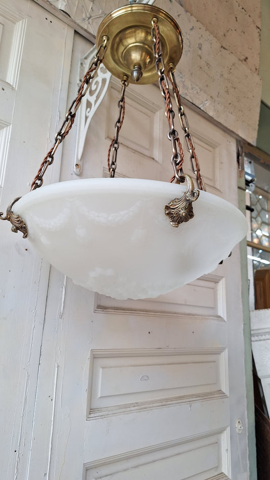 Molded Glass Victorian Bowl Chandelier, Four Chain Frosted Glass Hanging Light with Bronze Metal