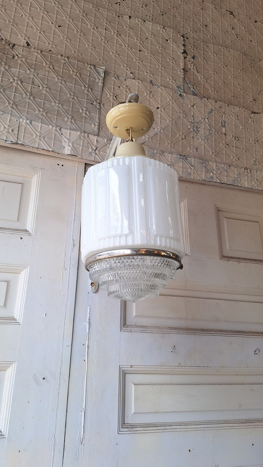 Art Deco Two Tone Glass Pendant Light, Chrome and Prismatic Glass Skyscraper Light, Antique Milk Glass Deco Lightg