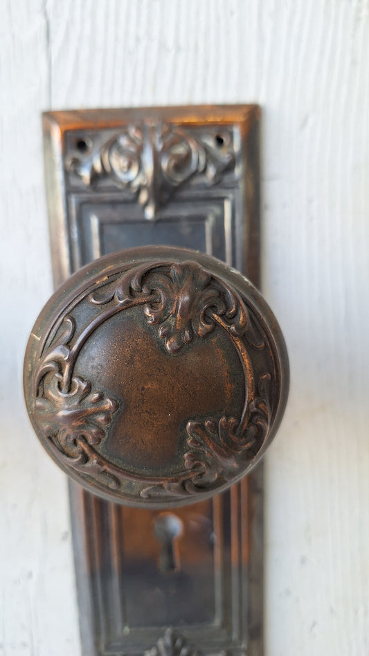 Floral Pattern Door Hardware Set, Locris Pattern by Reading, Antique Steel Design Back Plate and Doorknob Set 042403
