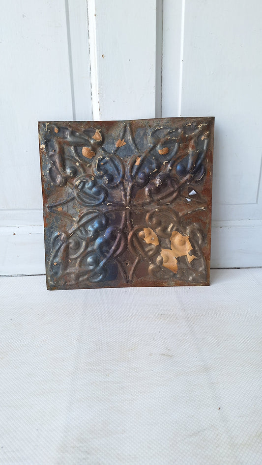 Small 12" Ceiling Tile Square, Vintage Stamped Metal Ceiling Tin, Vintage Metal Wall Art Hanging 042410