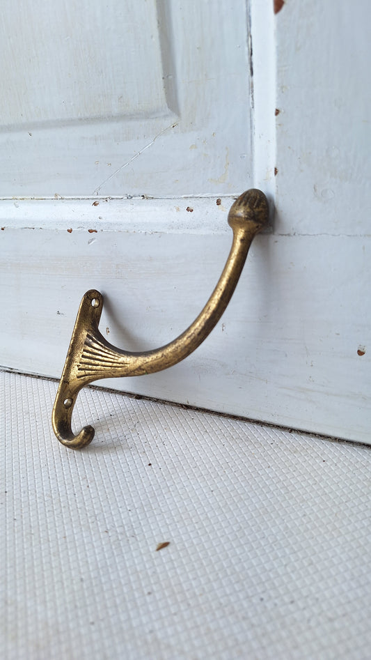 Solid Brass Hook, Antique Coat Hook, Antique Brass Hook, Antique Gold Hook, Salvaged Hook, Old Hat Wall Hook, Large Antique Hook 042411