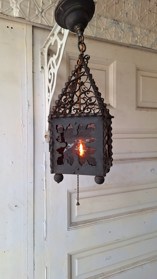 Vintage Punched Metal Round Lantern, Craftsman or Arts Crafts Light, Antique Lantern 042901