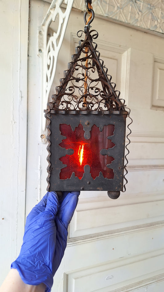 Vintage Punched Metal Round Lantern, Craftsman or Arts Crafts Light, Antique Lantern 042901