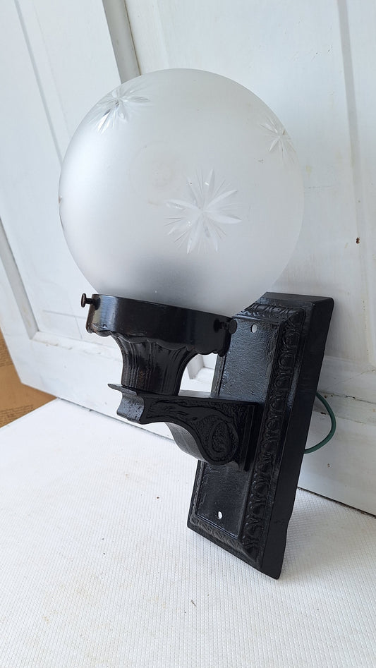 Antique Cast Iron Porch Light with Cut Glass Globe, Iron Sconce with Glass Shade 050301