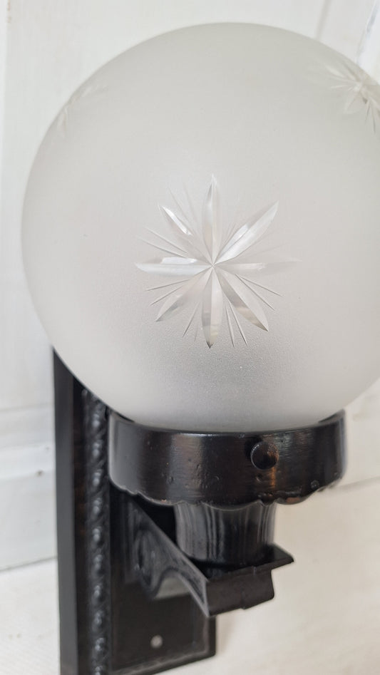 Antique Cast Iron Porch Light with Cut Glass Globe, Iron Sconce with Glass Shade 050301