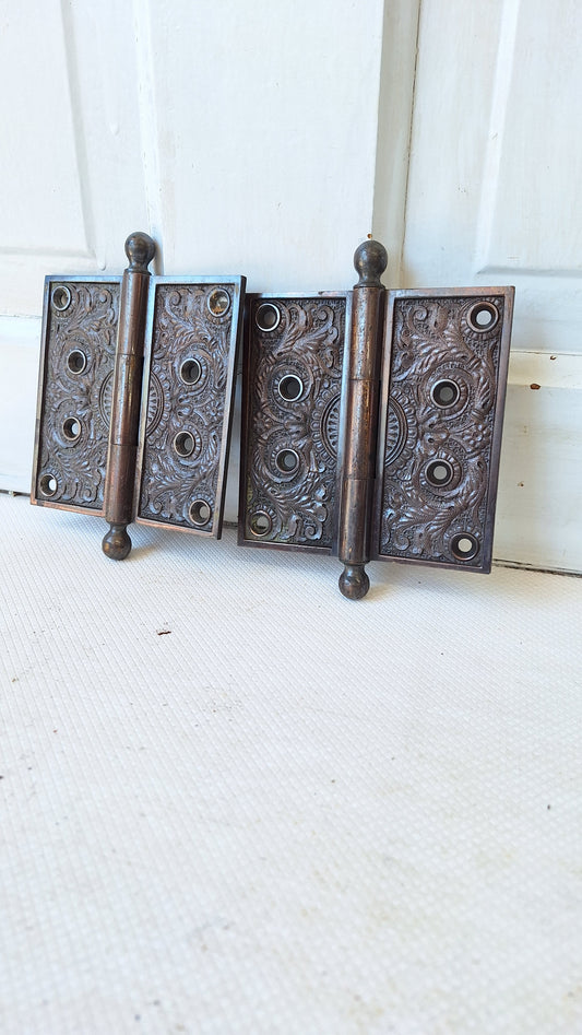 Victorian 4 1/2" Antique Hinges, Victorian Iron Ornate Pattern Door Hinges 050607
