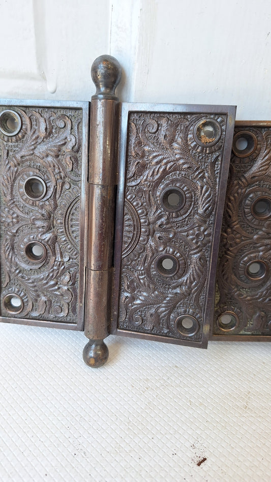 Victorian 4 1/2" Antique Hinges, Victorian Iron Ornate Pattern Door Hinges 050607
