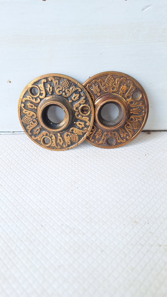 Two Floral Design Rosette Door Plates, Brass Flower Escutcheons Bronze Rosettes 050703