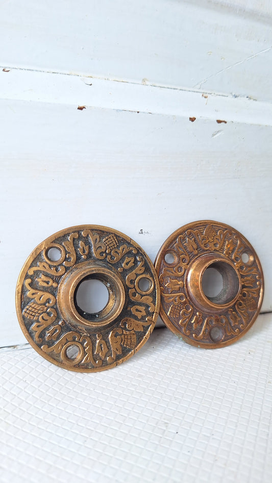 Two Floral Design Rosette Door Plates, Brass Flower Escutcheons Bronze Rosettes 050703