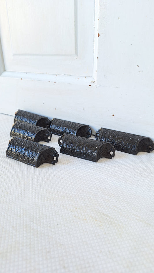 Six Cast Iron Antique Drawer Pull Set, Cast Iron Handle Antique Victorian Hardware 050801