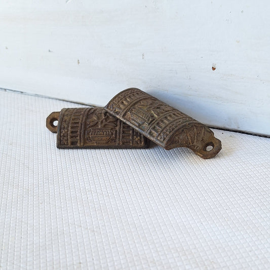 Small Eastlake Iron Pulls with Flower Detail, Antique Floral Design Pull, Cast Iron Handle Antique Victorian Hardware 050803