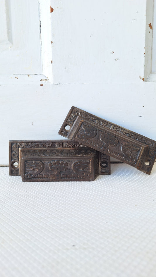 Small Eastlake Iron Pulls with Flower Detail, Antique Floral Design Pull, Cast Iron Handle Antique Victorian Hardware 050805