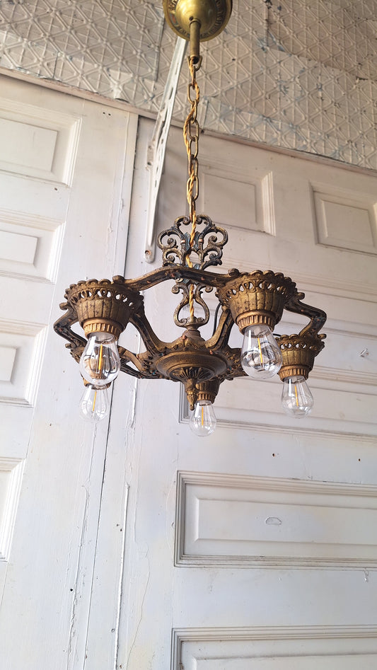 Deco Gold and Blue Chandelier, Five Bulb Light, Antique Riddle Style Light, Polychrome Light, Cast Metal Light, Deco Chandelier 051201